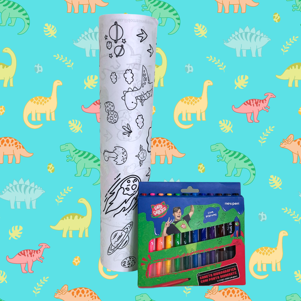 Kit bobina de papel para colorir  dinossauro + canetinha gatos galácticos 