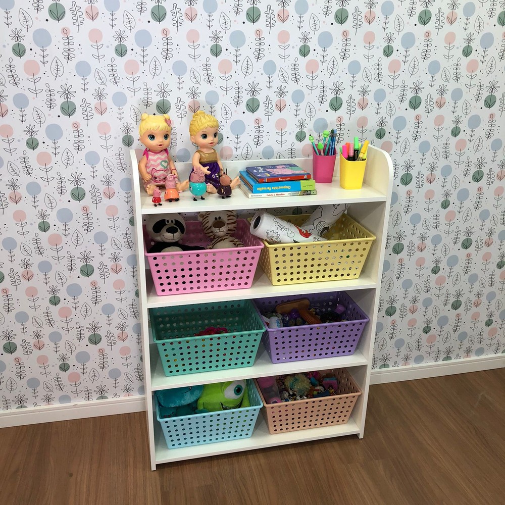 Organizador infantil de brinquedos com 4 prateleiras - acompanha 6 caixas grandes sem tampa
