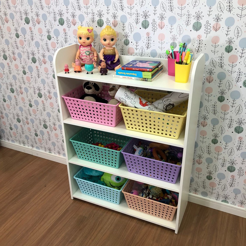 Organizador infantil de brinquedos com 4 prateleiras - acompanha 6 caixas grandes sem tampa