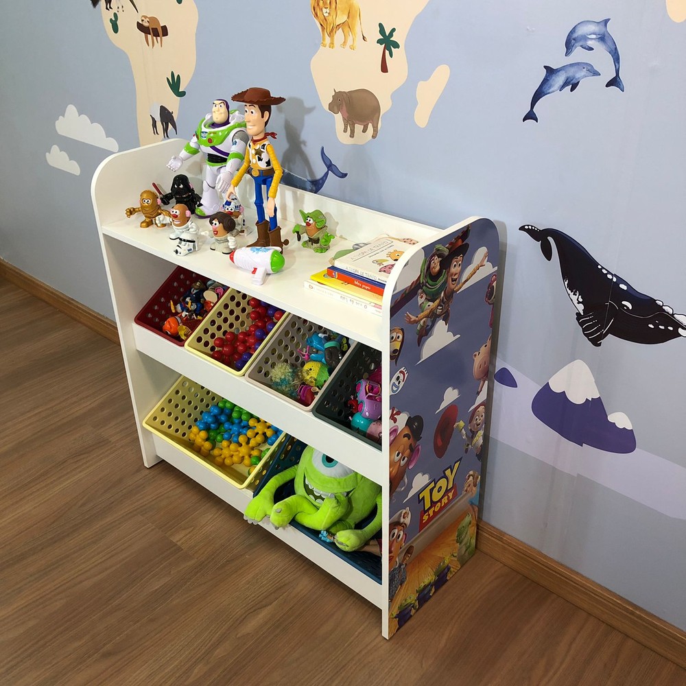 Organizador de brinquedos com prateleira mais 4 caixas pequenas e 2 grandes - tema Toy Story