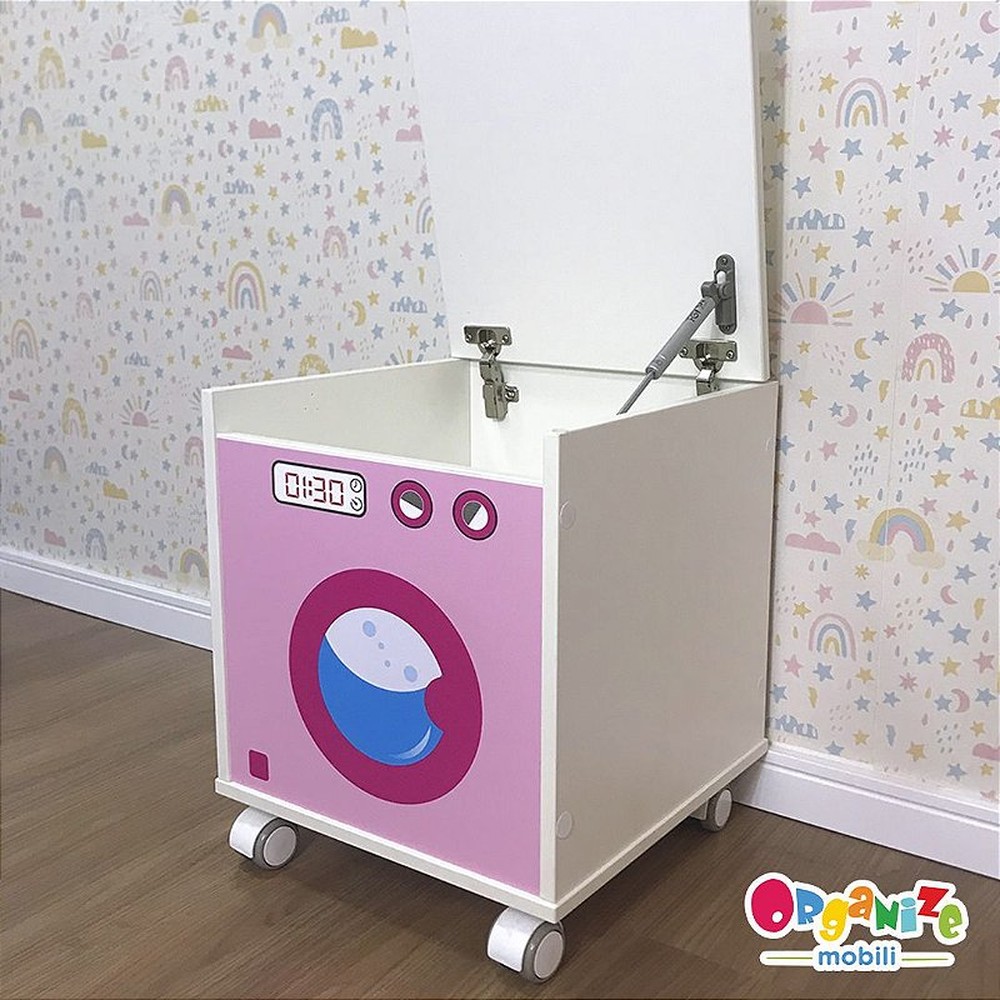 Baú para brinquedos com tampa e rodízio - tema frontal máquina de lavar infantil