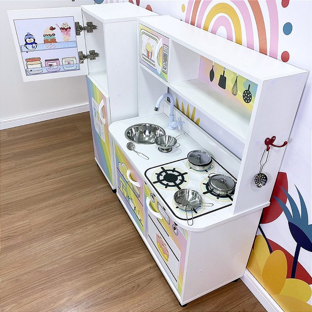 Kit - Mini cozinha infantil + geladeira infantil  arco-íris