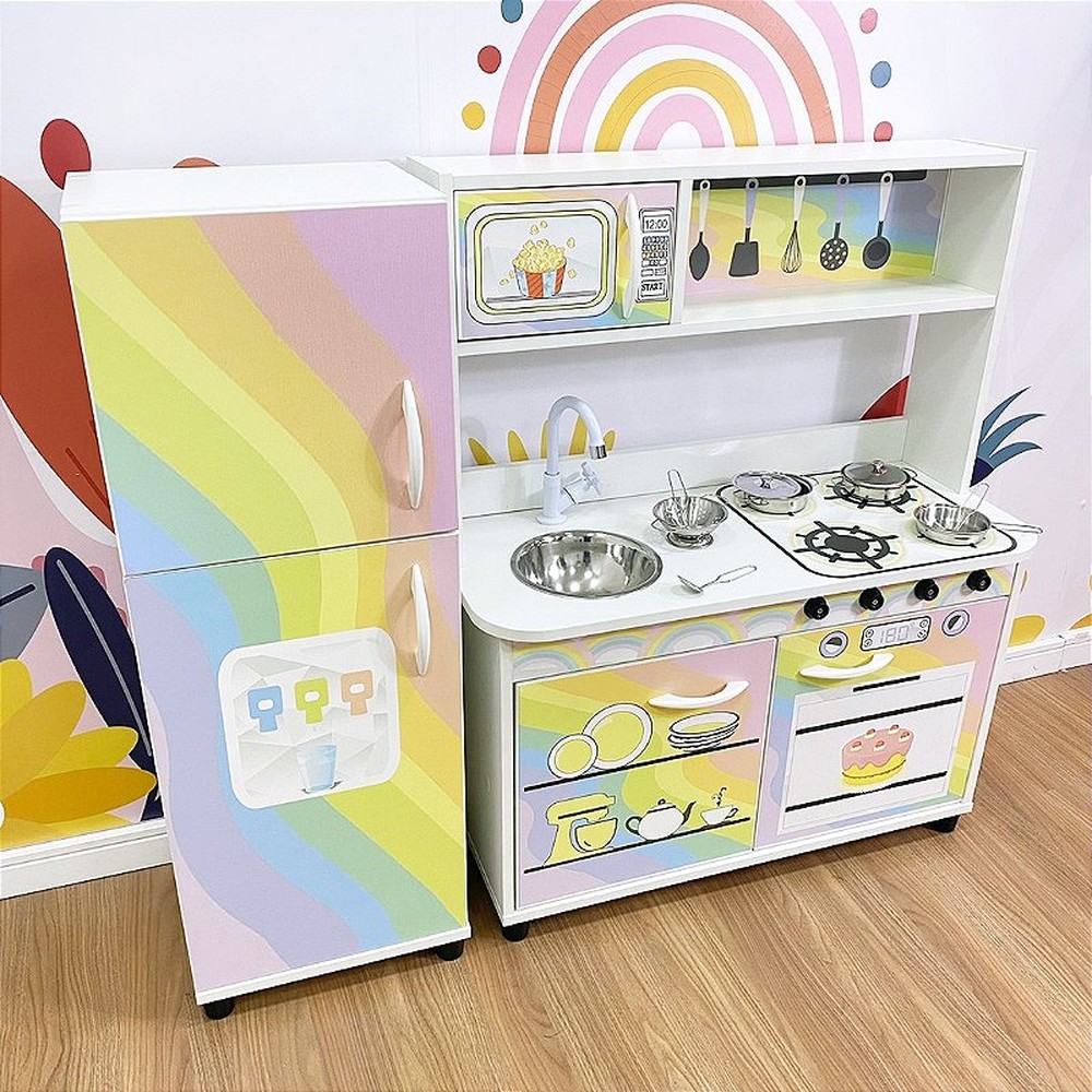 Kit - Mini cozinha infantil + geladeira infantil  arco-íris
