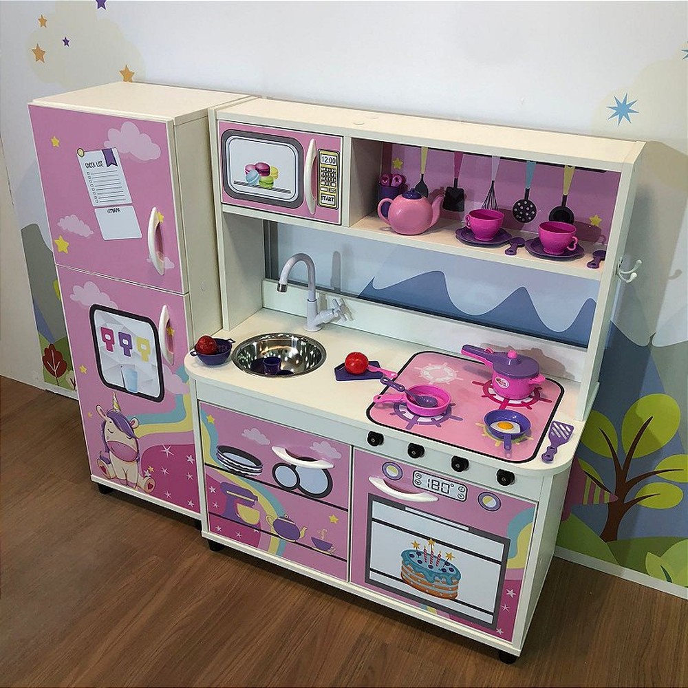 Kit cozinha infantil com geladeira unicórnio