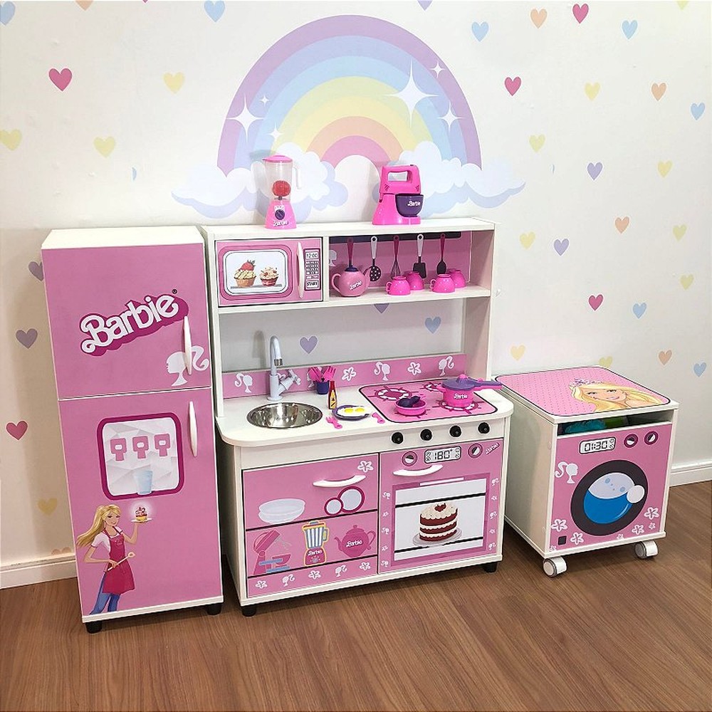 Mini cozinha infantil + geladeira infantil + máquina de lavar - boneca