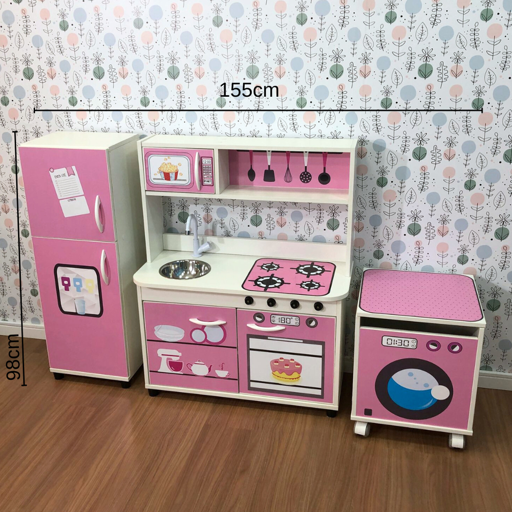 Mini cozinha infantil + geladeira infantil + máquina de lavar - Cor rosa