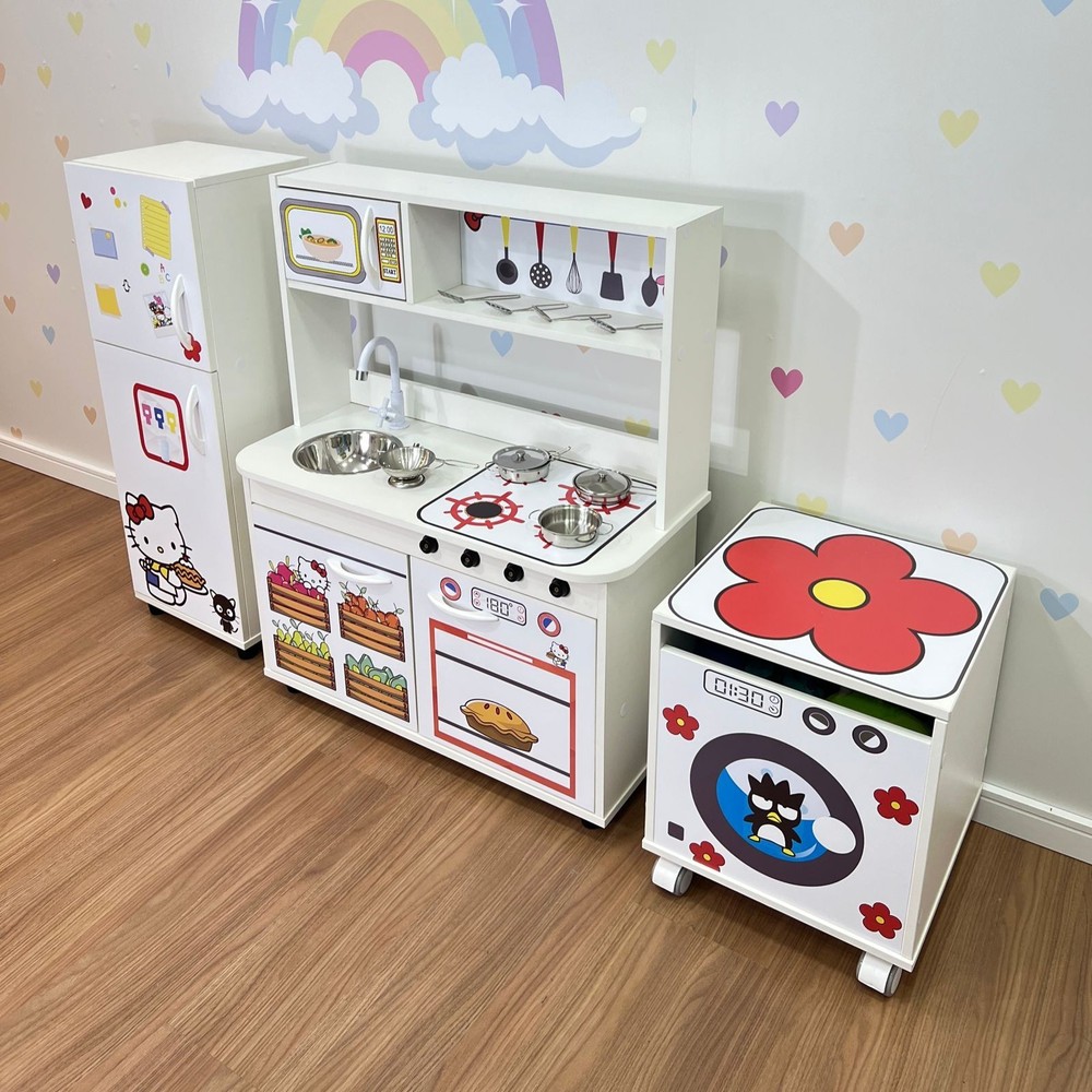 Mini cozinha infantil + geladeira infantil + máquina de lavar - hellokitty