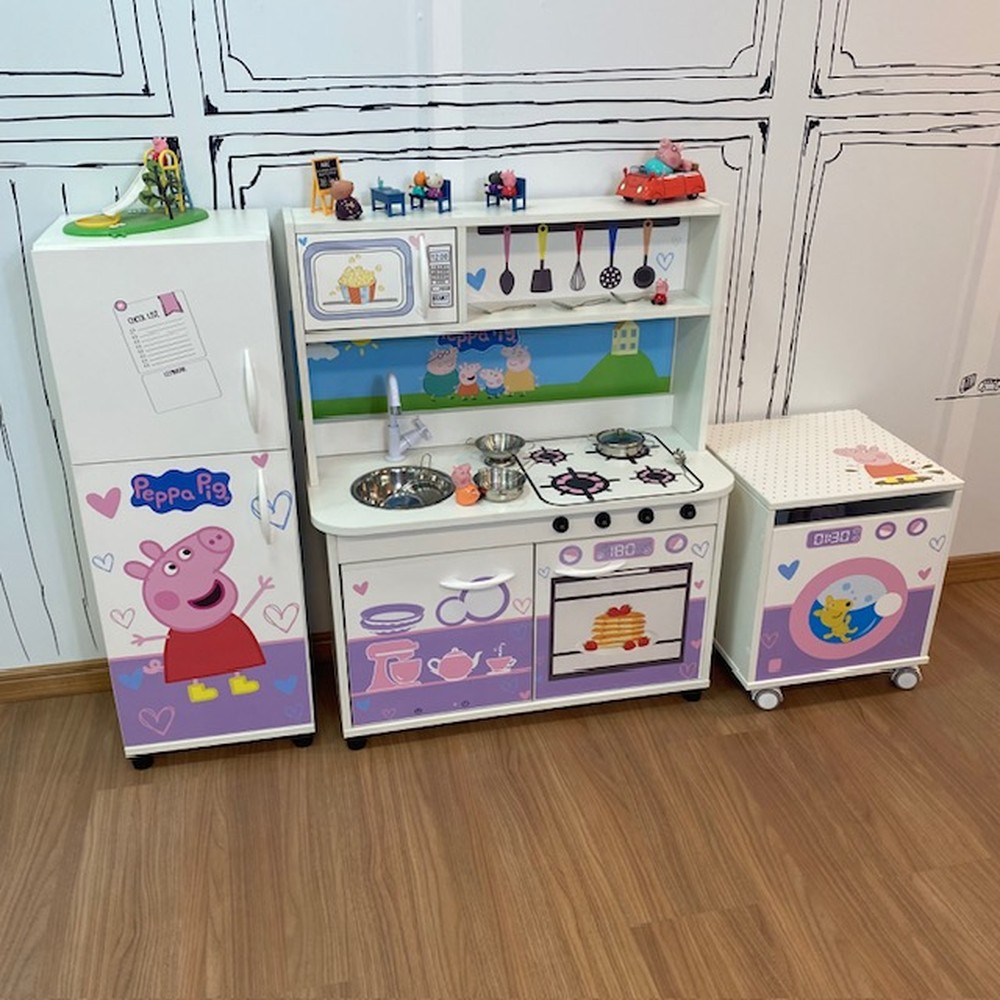 Mini cozinha infantil + geladeira infantil + máquina de lavar - porquinha
