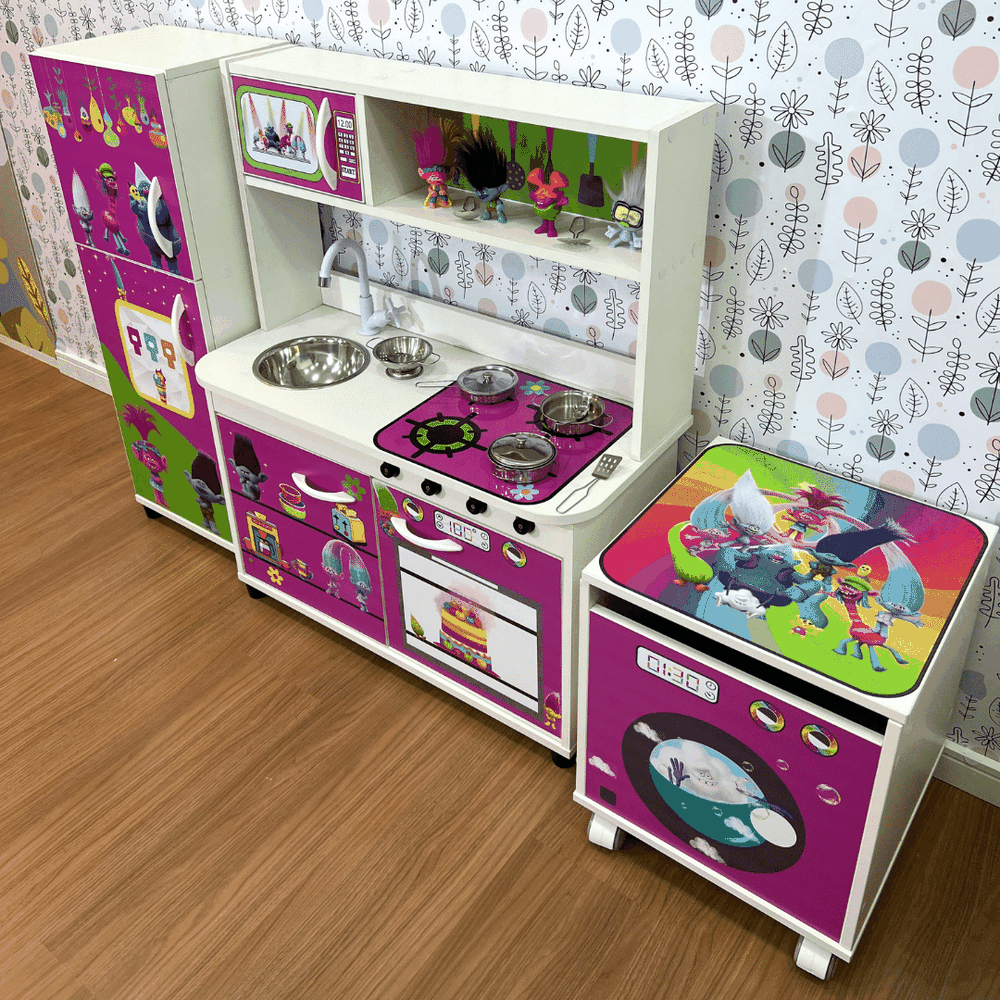 Mini cozinha infantil + geladeira infantil + máquina de lavar - Trolls