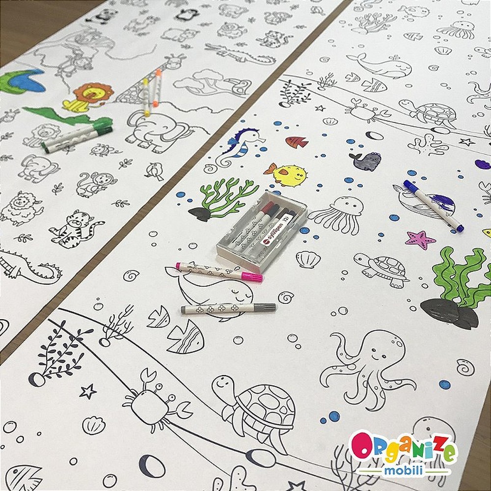 Bobina de papel para colorir animais selva + Bobina de papel para colorir animais marinhos + Canetinha sylvapen (6 unida
