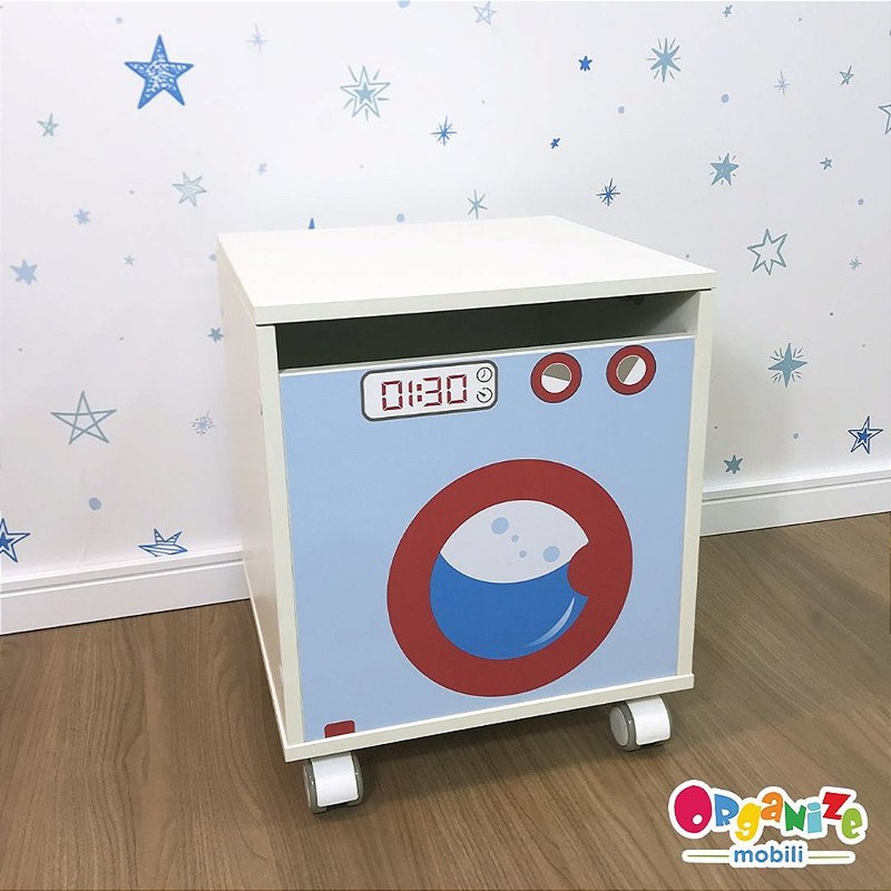 Baú para brinquedos com tampa e rodízio - tema na frente - Máquina de lavar infantil azul