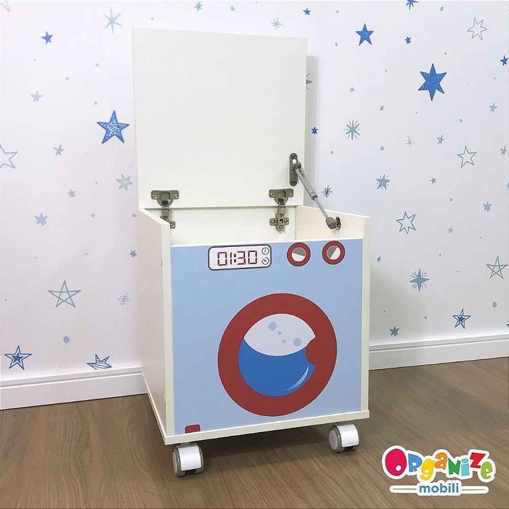 Baú para brinquedos com tampa e rodízio - tema na frente - Máquina de lavar infantil azul