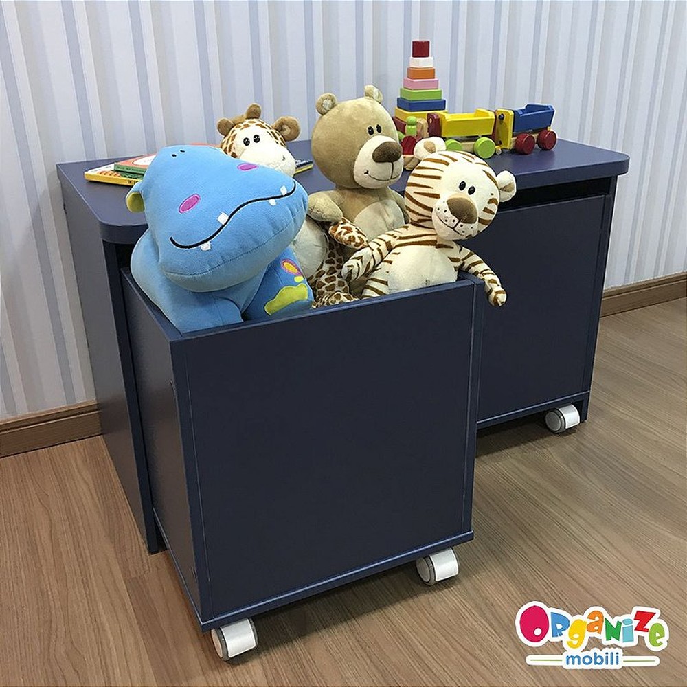 Rack infantil para dois baús + 2 Baú infantil organizador de brinquedos com rodízio - cor azul