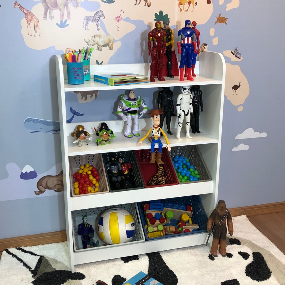Organizador de Brinquedos estilo montessori com caixas inclinadas e duas prateleiras