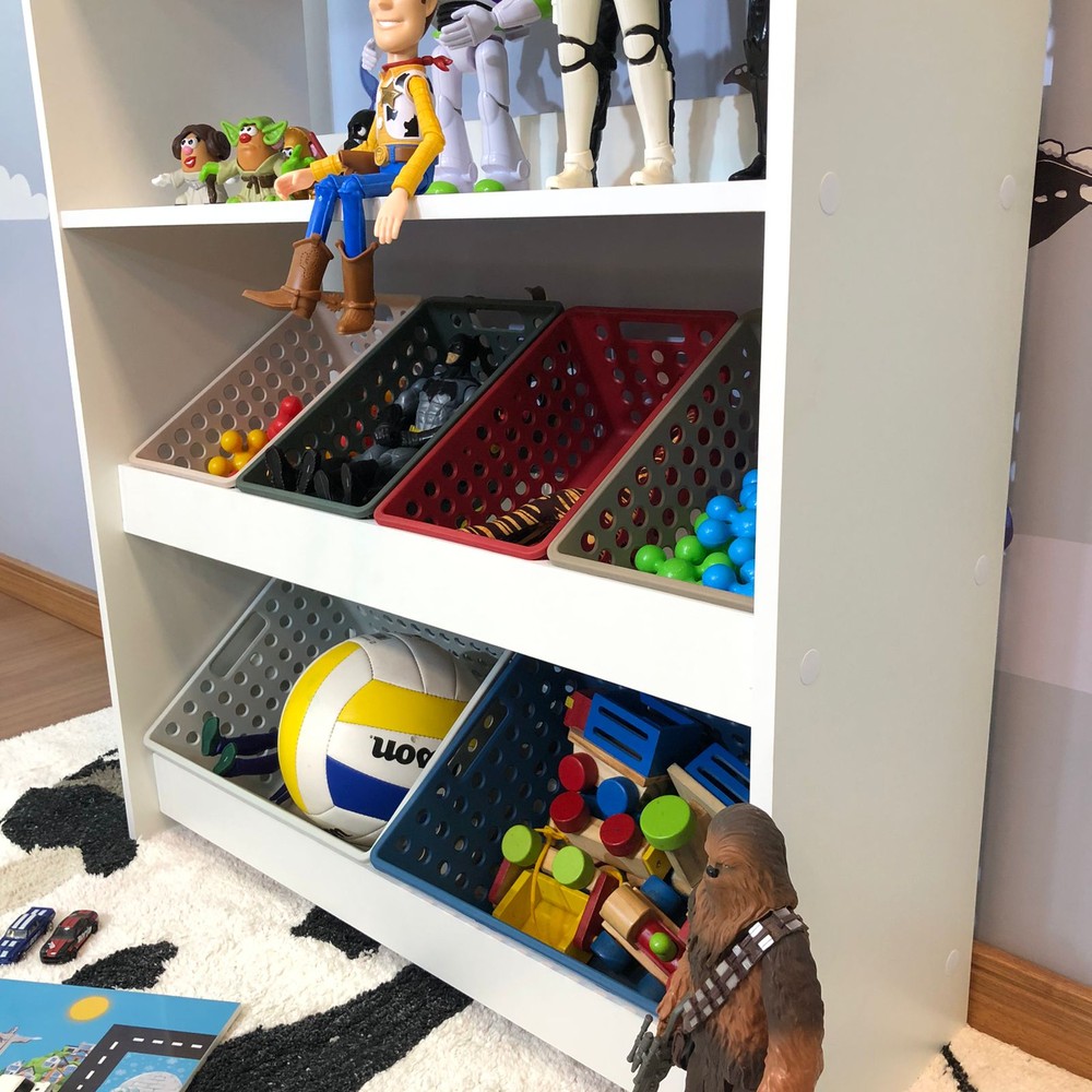 Organizador de Brinquedos estilo montessori com caixas inclinadas e duas prateleiras