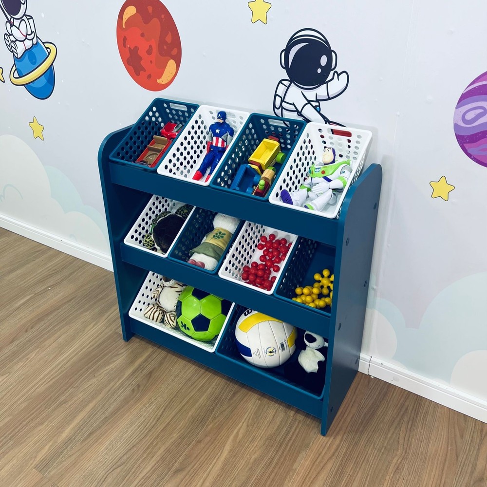 Organizador de Brinquedos azul com caixas inclinadas -  inclui 8 caixas pequenas e 2 caixas grandes