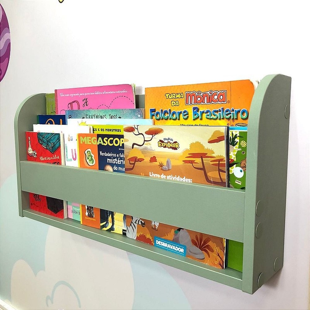 Prateleira de livros infantil montessori de parede verde