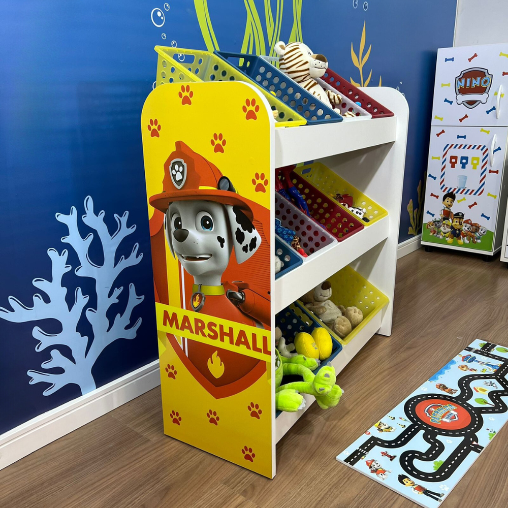 Organizador de Brinquedos branco com caixas inclinadas Patrulha Canina - inclui 8 caixas one grande e 2 caixas one maxi
