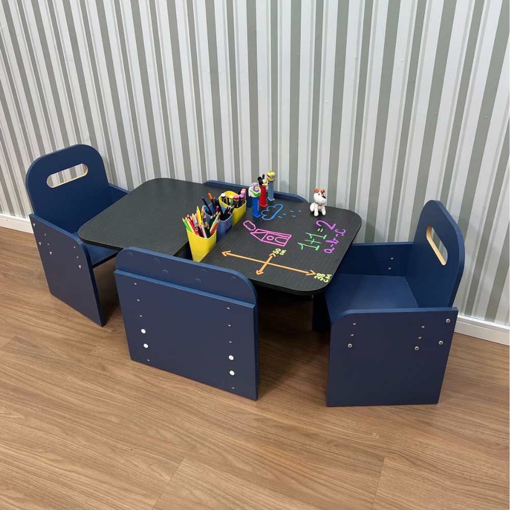 kit mesa 2 crianças azul com regulagem e tampo lousa