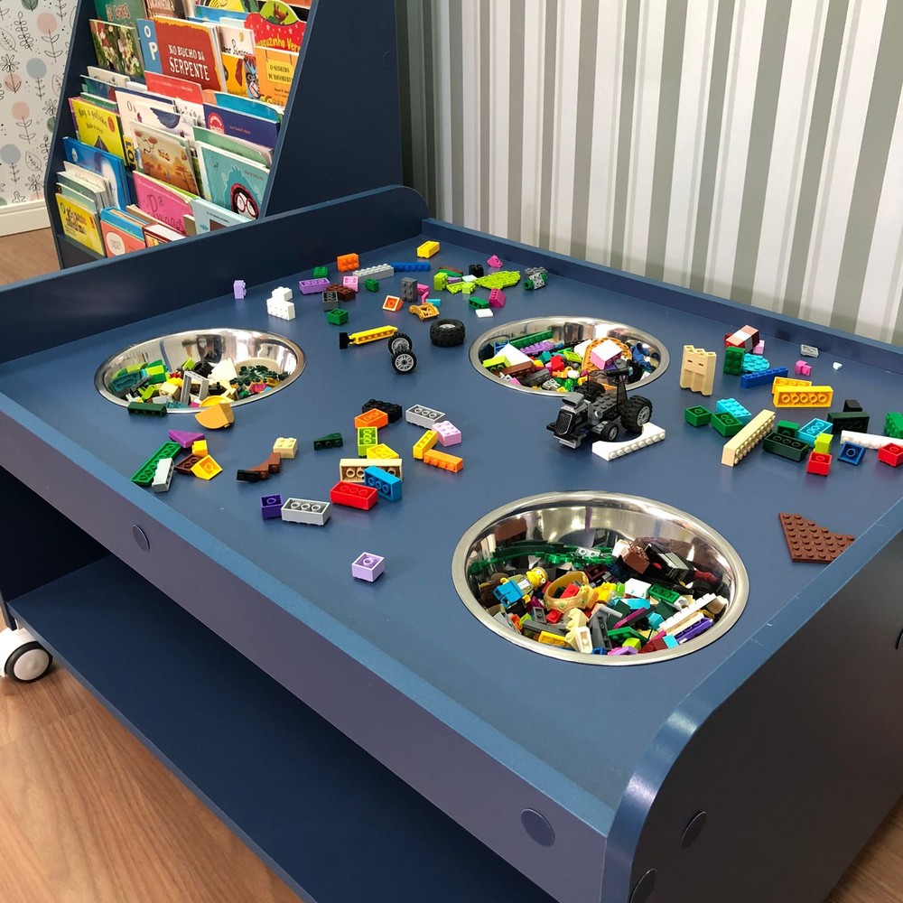 Mesa de montagem para lego com rodizio e cuba-Azul