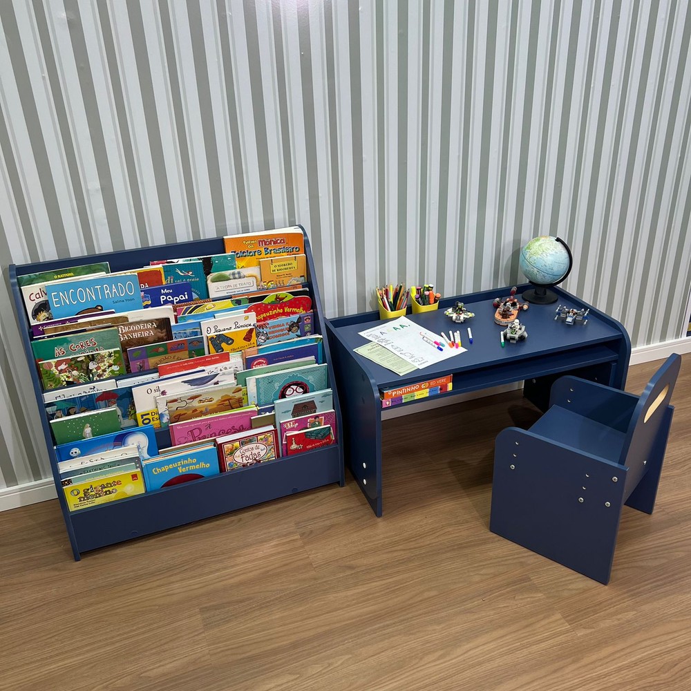 Kit mesa infantil grande com cadeira mais organizador de livros grande-azul