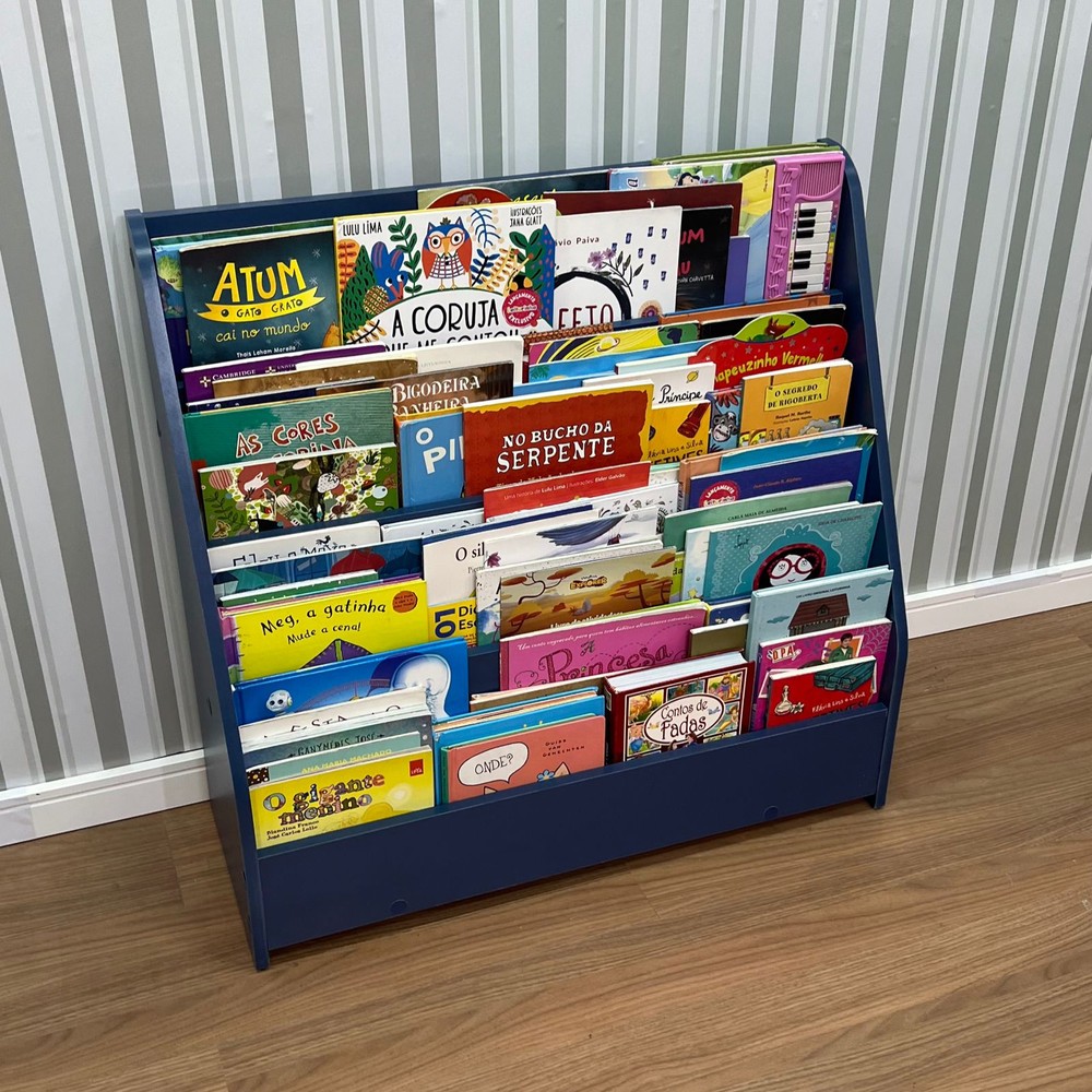 Kit mesa infantil grande com cadeira mais organizador de livros grande-azul