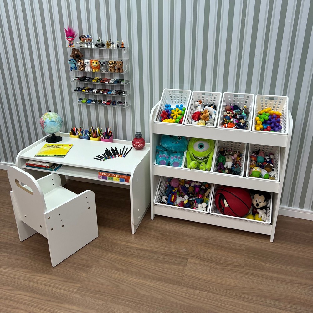 Kit mesa com cadeira + organizador de brinquedos - branco