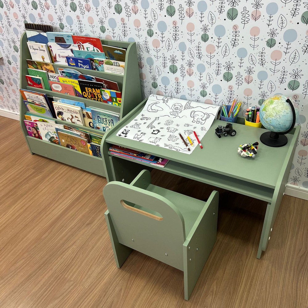 Kit mesa infantil grande com cadeira mais organizador de livros grande-verde
