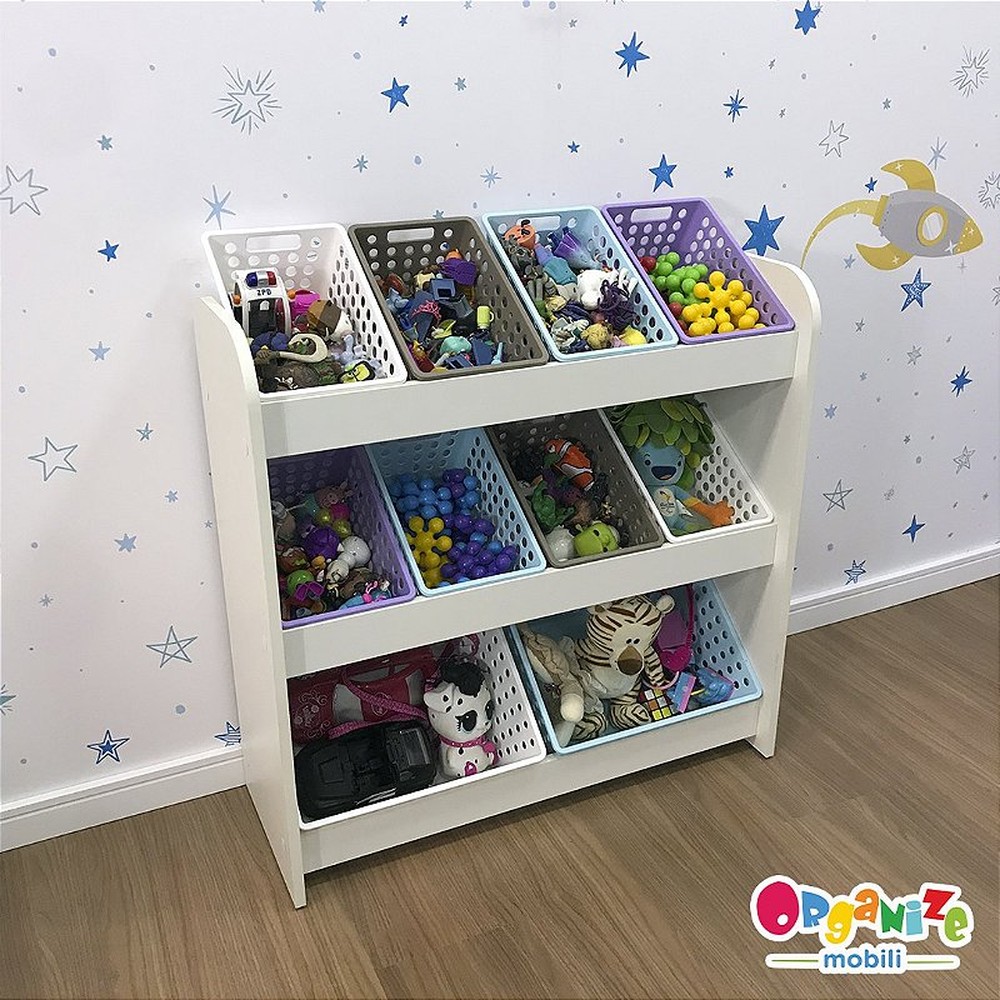 Organizador de Brinquedos branco com caixas inclinadas -  inclui 8 caixas one grande e 2 caixas one maxi
