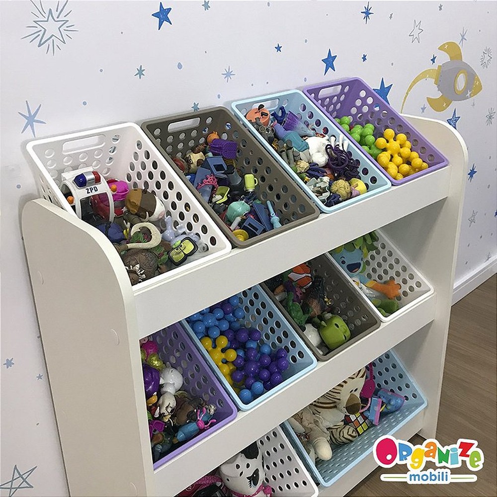 Organizador de Brinquedos branco com caixas inclinadas -  inclui 8 caixas one grande e 2 caixas one maxi