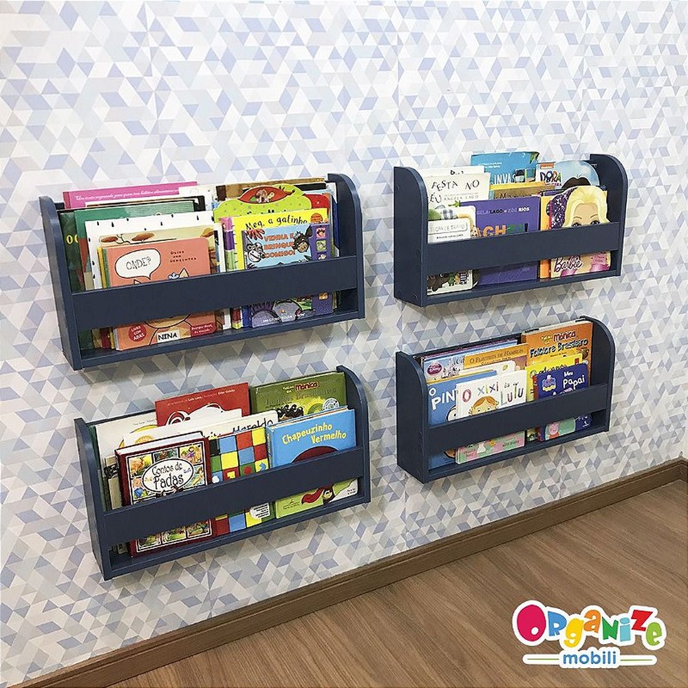 kit com 4 (quatro) organizador de livros azul infantil 60 cm largura