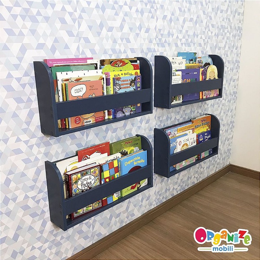 kit com 4 (quatro) organizador de livros azul infantil 60 cm largura