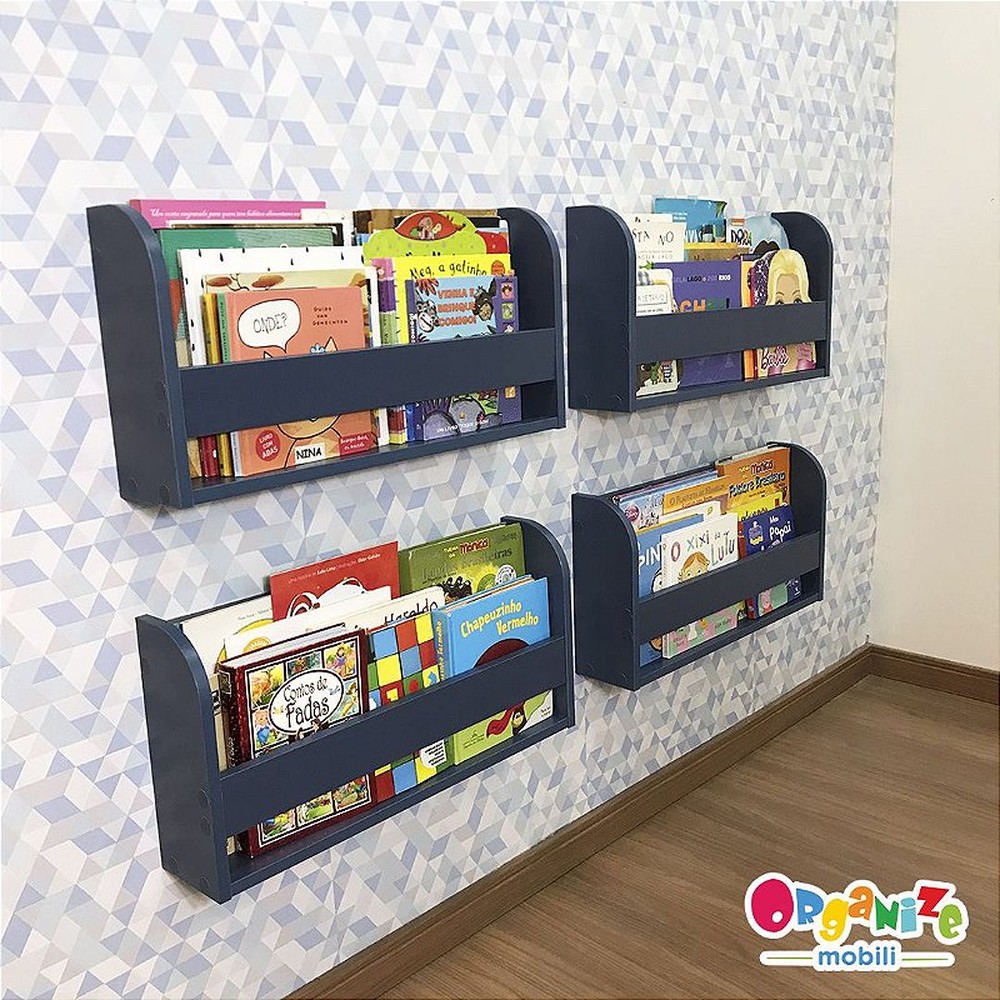 kit com 4 (quatro) organizador de livros azul infantil 60 cm largura