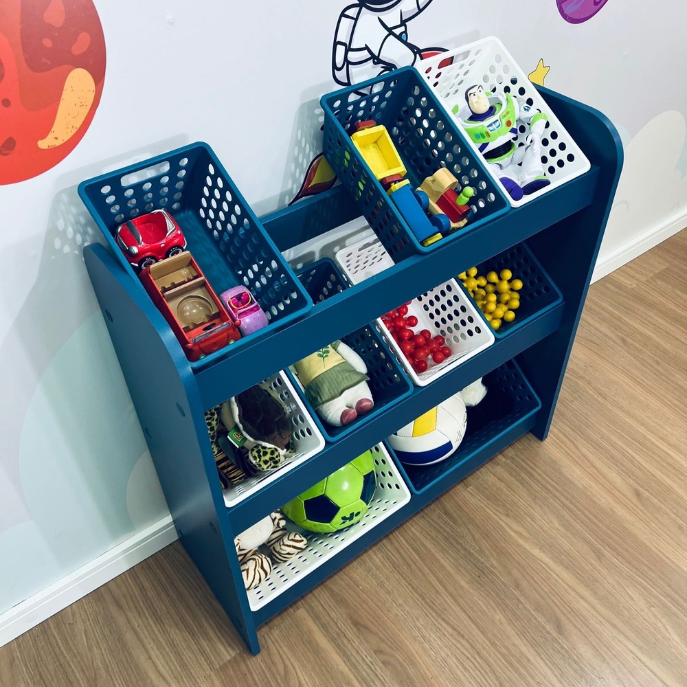 Organizador de Brinquedos azul com caixas inclinadas -  inclui 8 caixas pequenas e 2 caixas grandes