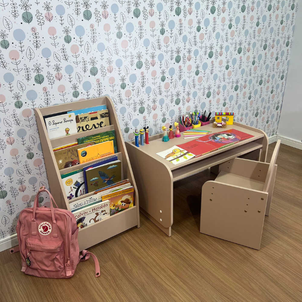 Kit mesa infantil grande com cadeira mais organizador de livros compacto- Rosa sal