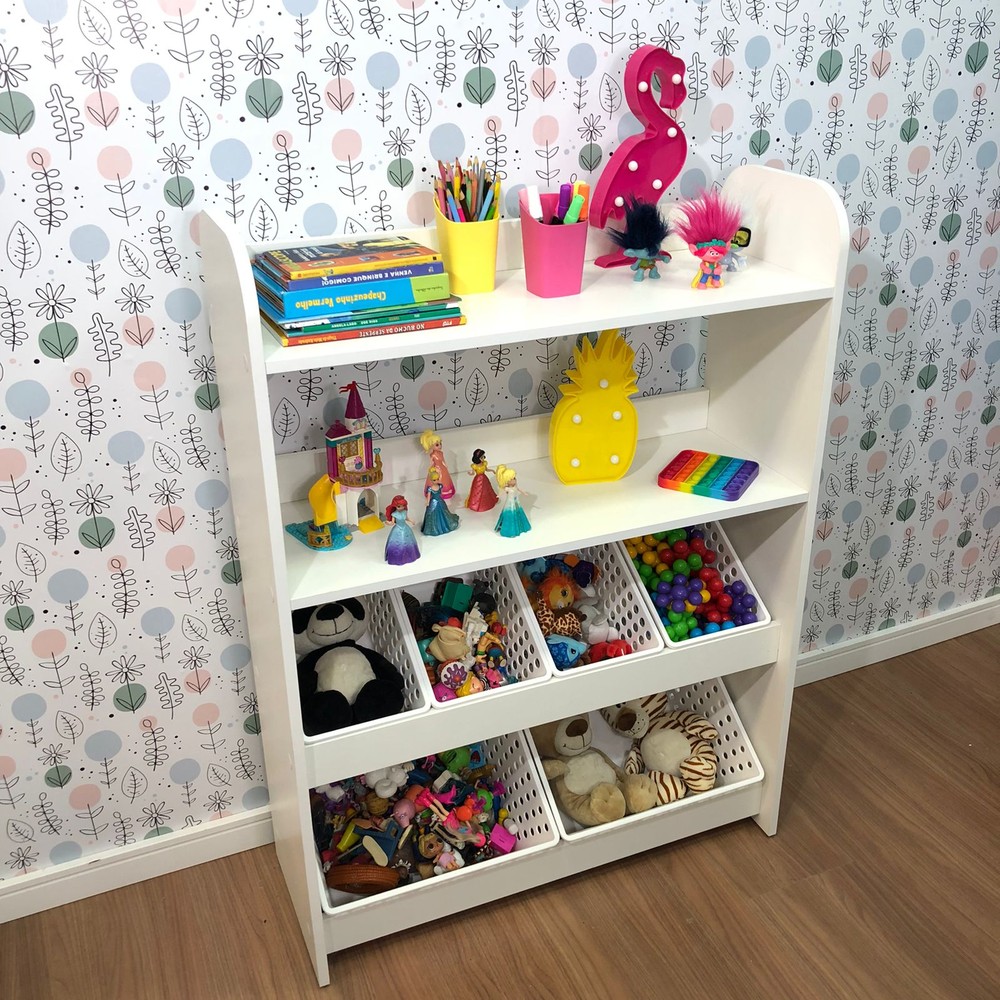 Organizador de Brinquedos estilo montessori com caixas inclinadas e duas prateleiras