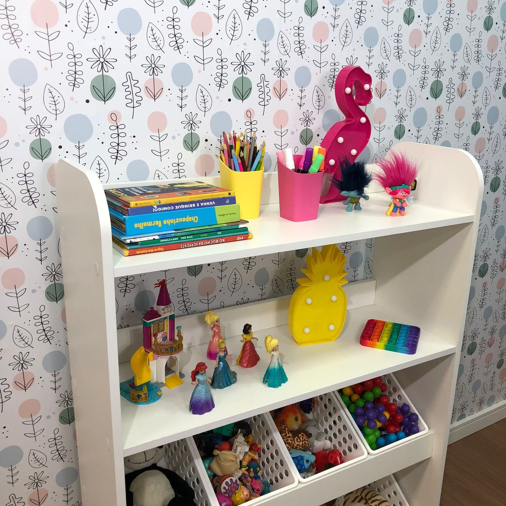 Organizador de Brinquedos estilo montessori com caixas inclinadas e duas prateleiras