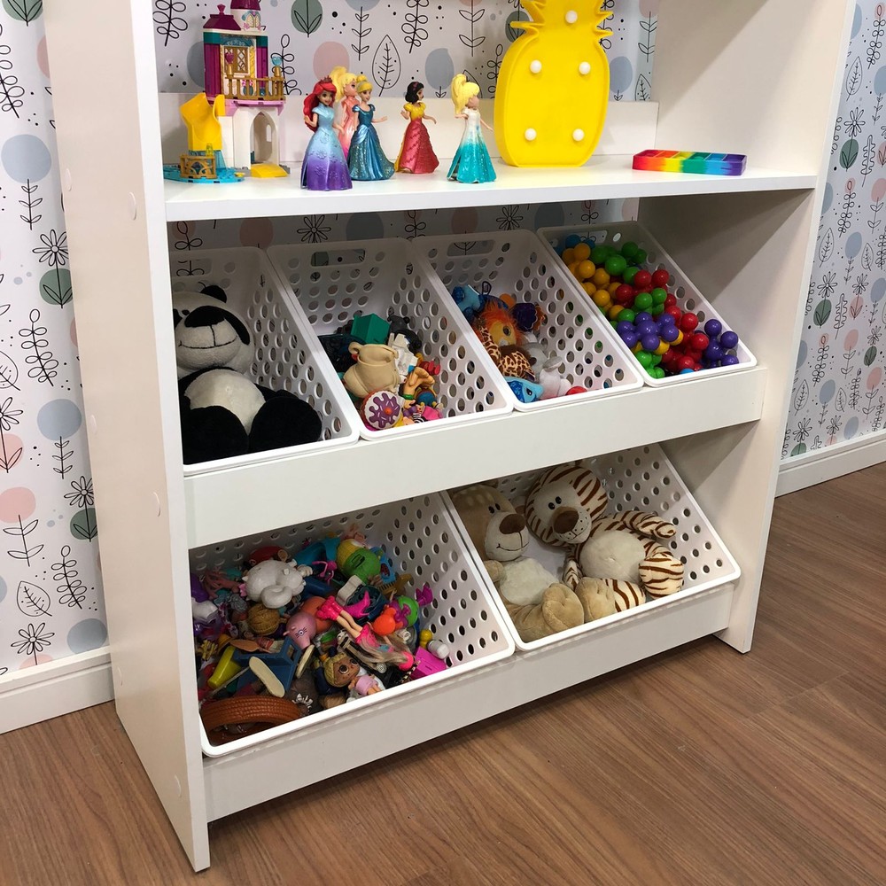 Organizador de Brinquedos estilo montessori com caixas inclinadas e duas prateleiras