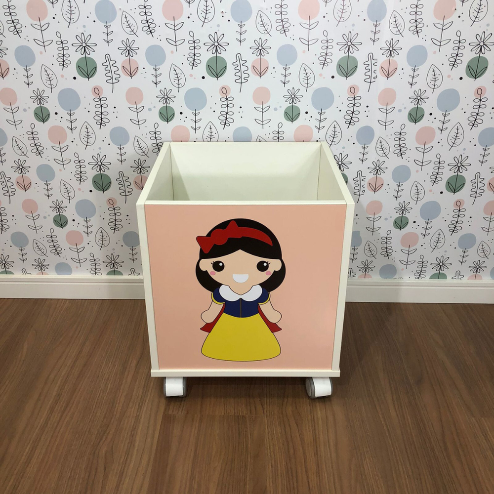 Baú infantil organizador de brinquedos com rodizio e tema princesa branca de neve