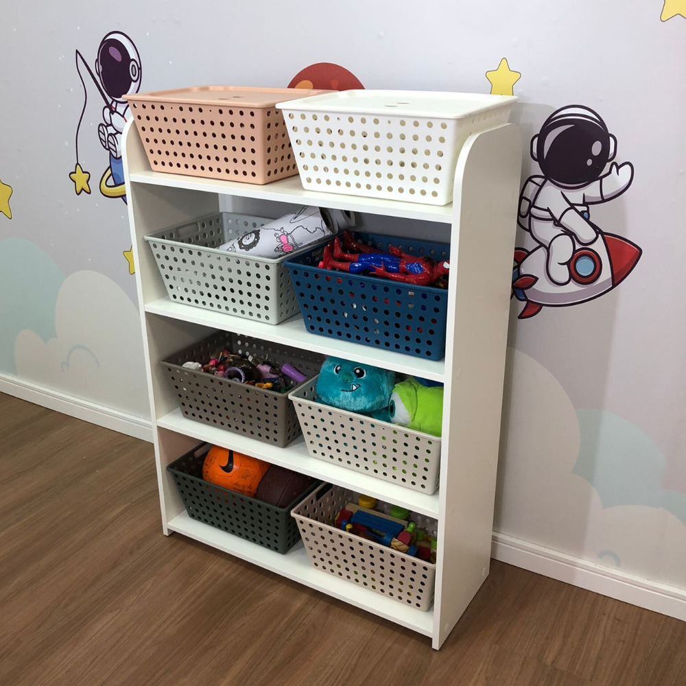 Organizador infantil de brinquedos com 4 prateleiras - acompanha 8 caixas one maxi 6 cx sem tampa 2 cx com tampa