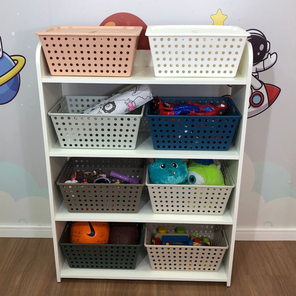 Organizador infantil de brinquedos com 4 prateleiras - acompanha 8 caixas one maxi 6 cx sem tampa 2 cx com tampa