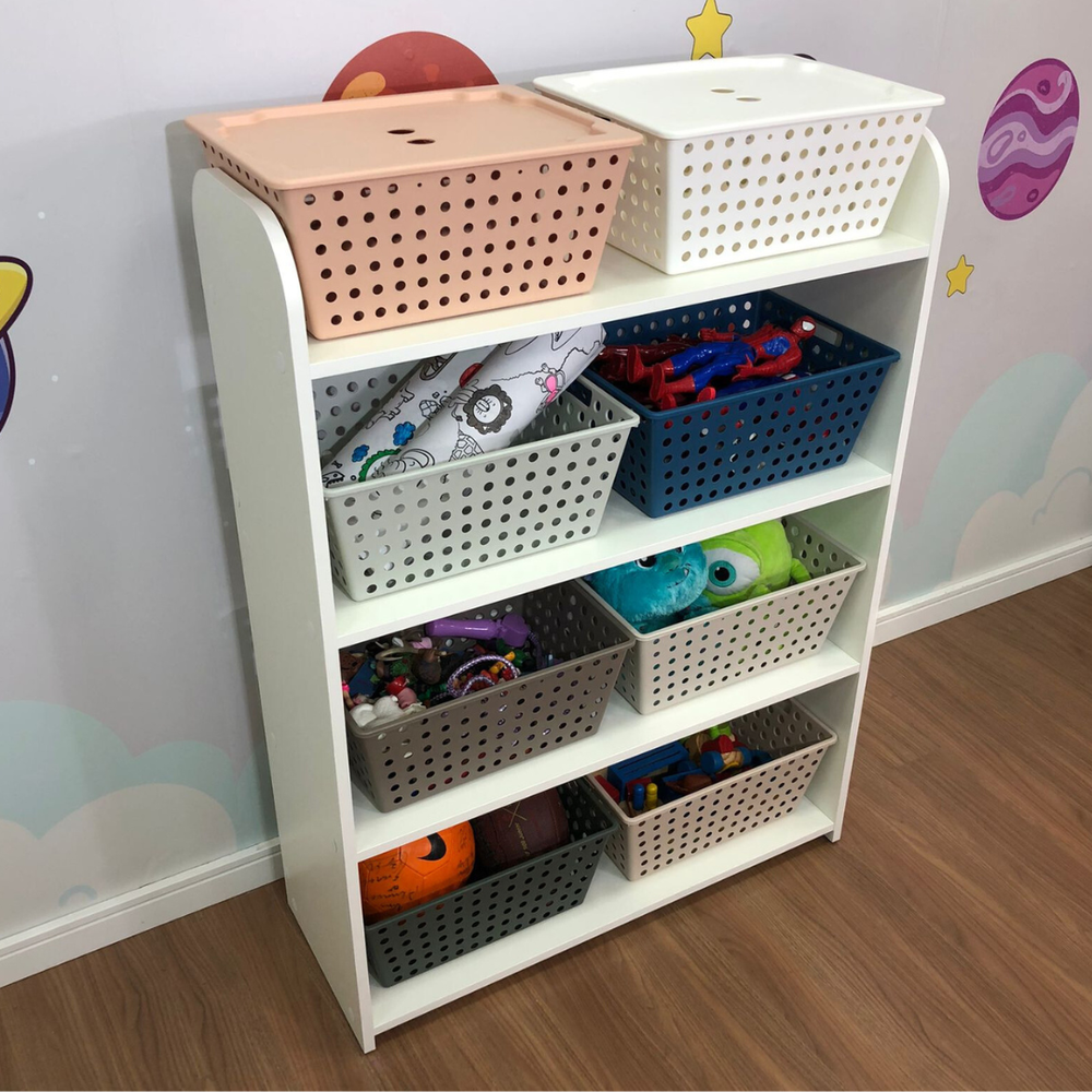 Organizador infantil de brinquedos com 4 prateleiras - acompanha 8 caixas one maxi 6 cx sem tampa 2 cx com tampa