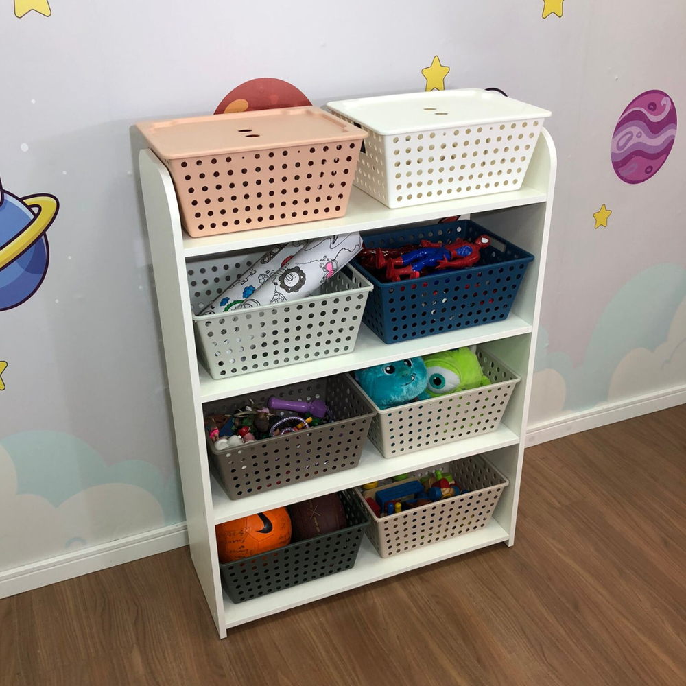 Organizador infantil de brinquedos com 4 prateleiras - acompanha 8 caixas one maxi 6 cx sem tampa 2 cx com tampa