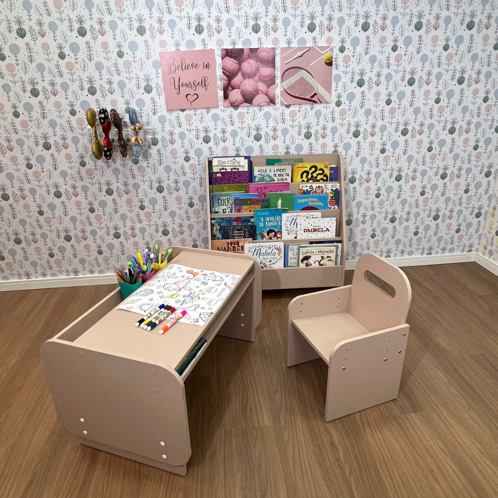 Kit mesa infantil grande com cadeira mais organizador de livros grande-Rosa sal