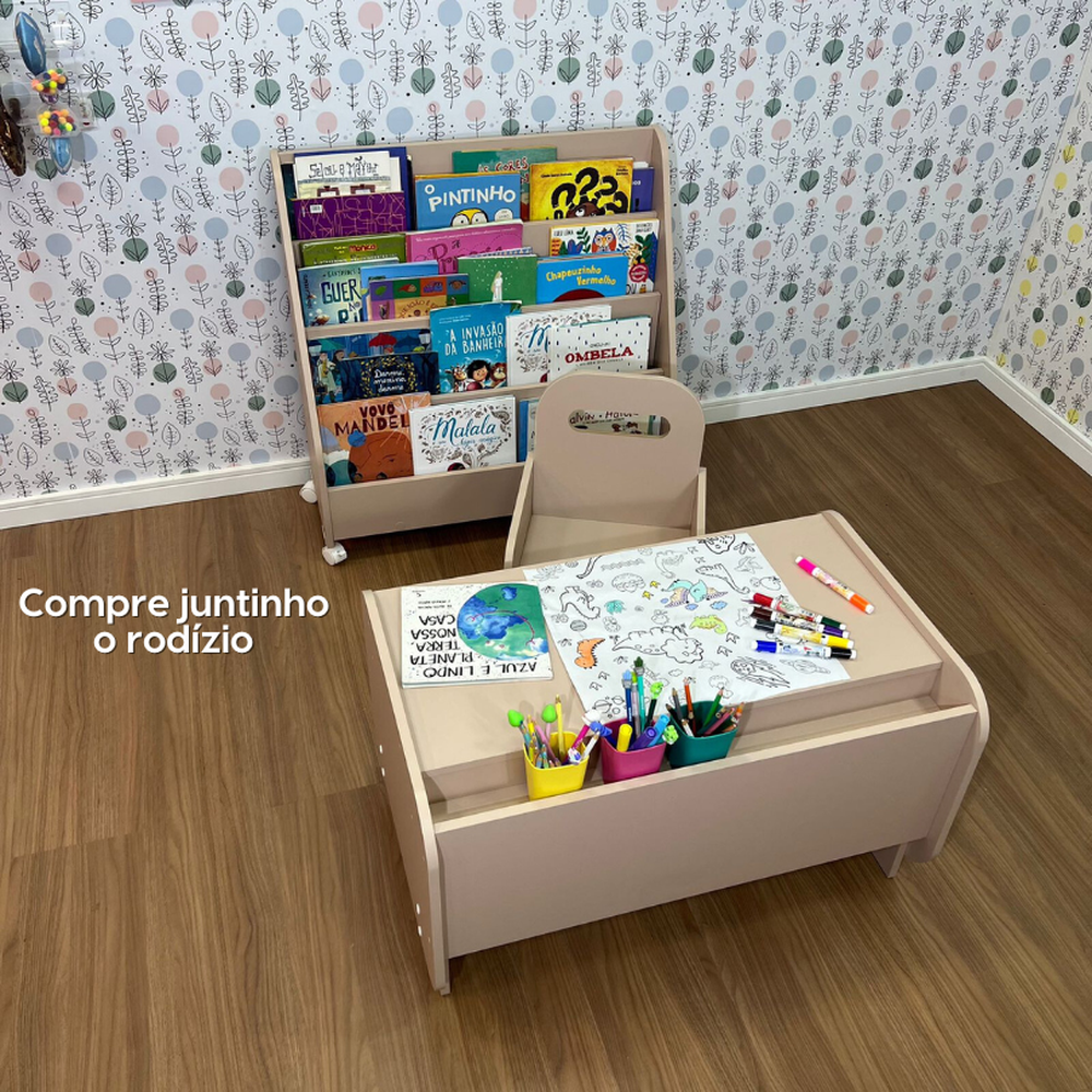 Kit mesa infantil grande com cadeira mais organizador de livros grande-Rosa sal