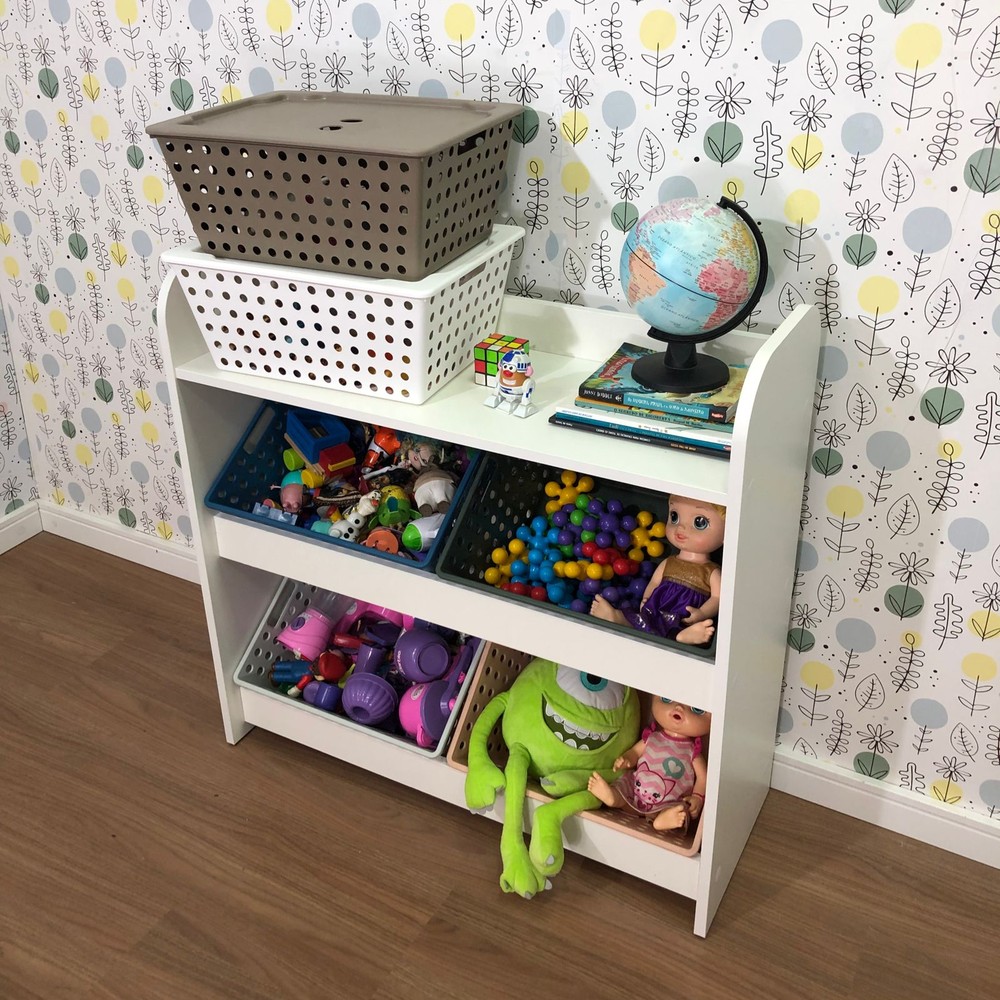 Organizador infantil de Brinquedos com prateleira mais 4 caixas grandes e 2 grandes com tampa
