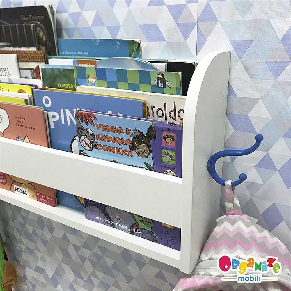 Organizador de livros infantil montessori de parede branco com 2 ganchos