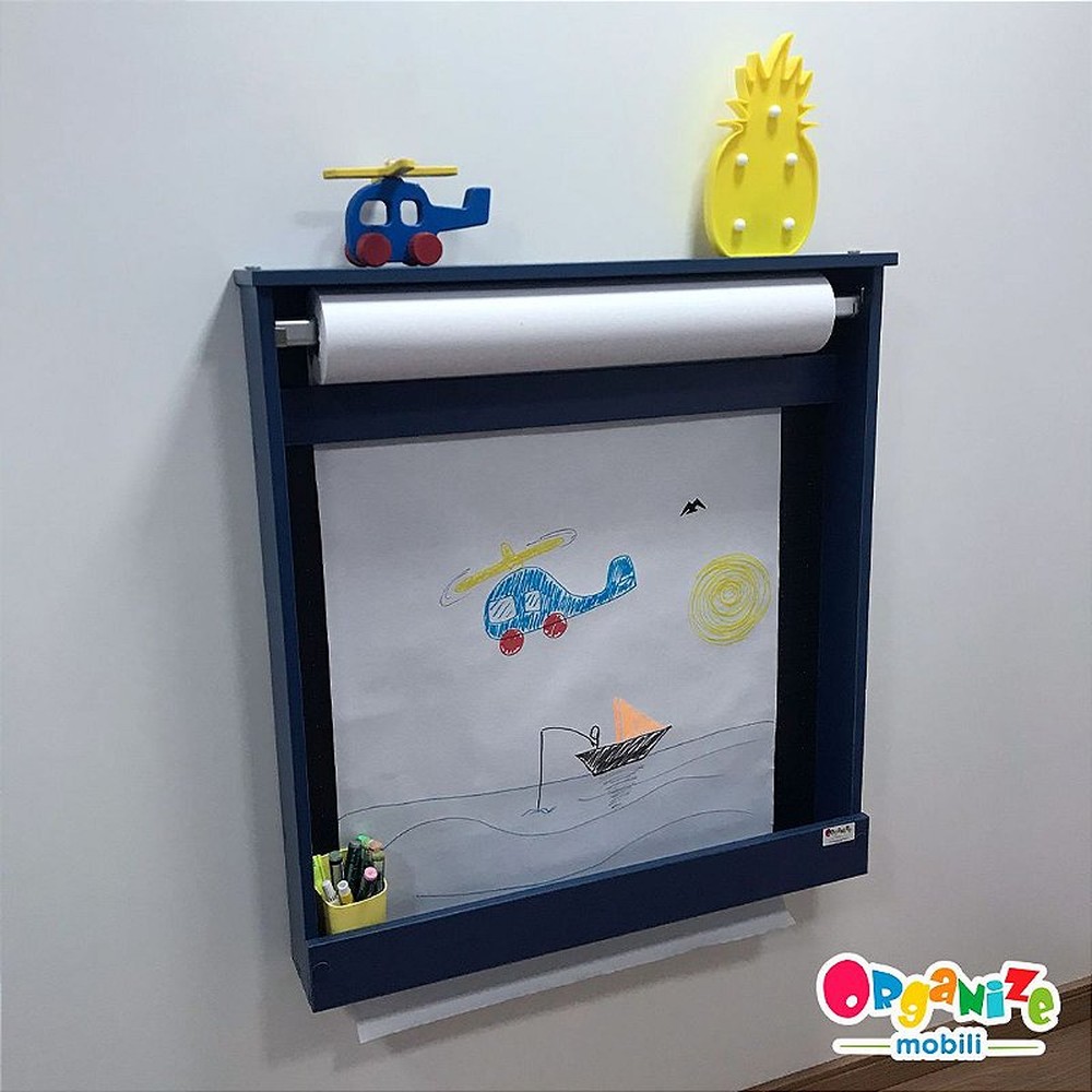 Painel criativo grande para desenho azul com fundo lousa com bobina de papel