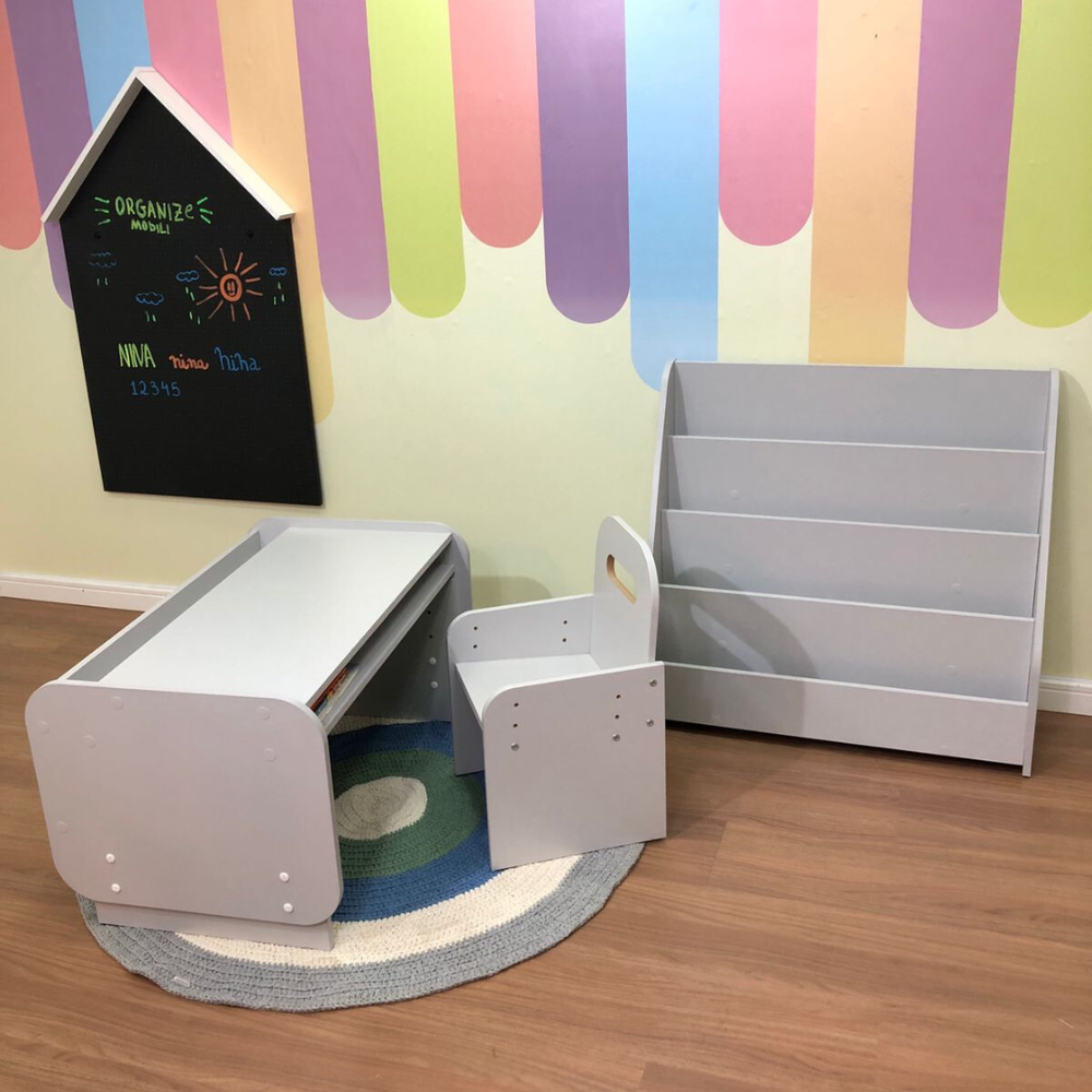 Kit mesa infantil grande com cadeira mais organizador de livros grande cinza cristal