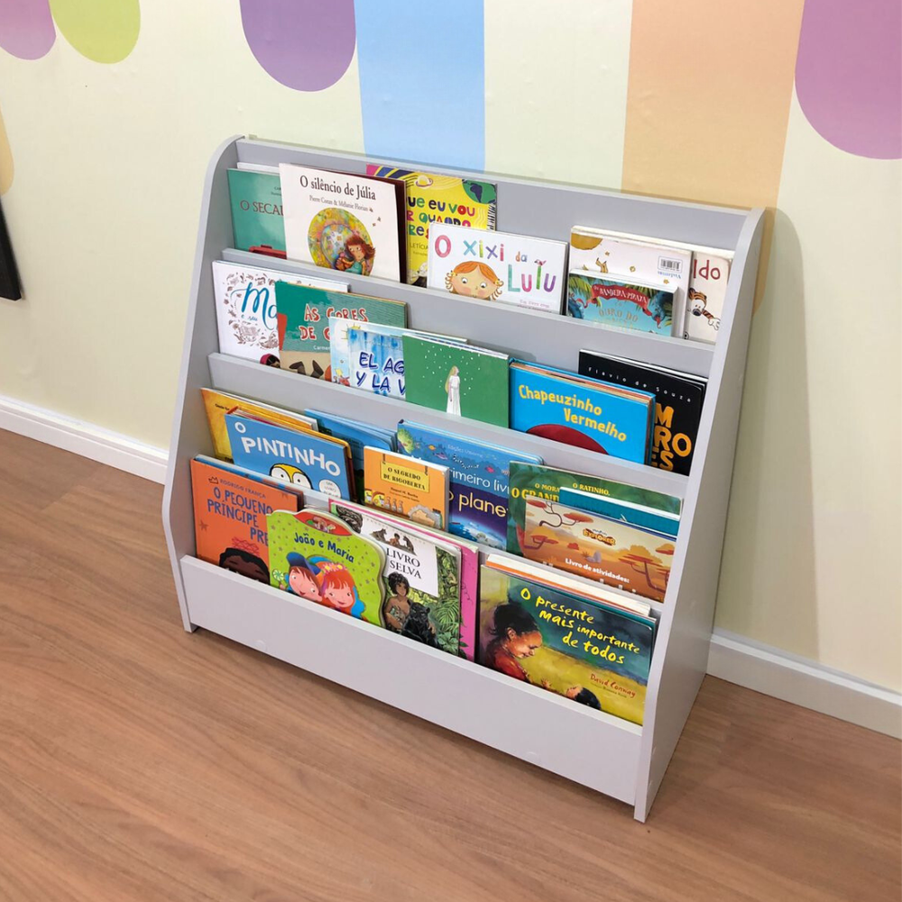 Kit mesa infantil grande com cadeira mais organizador de livros grande cinza cristal